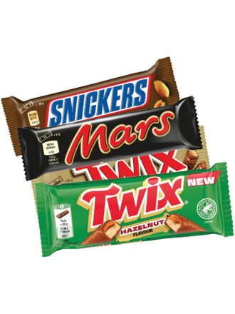 Snickers, Mars, Twix, Twix hazelnut
